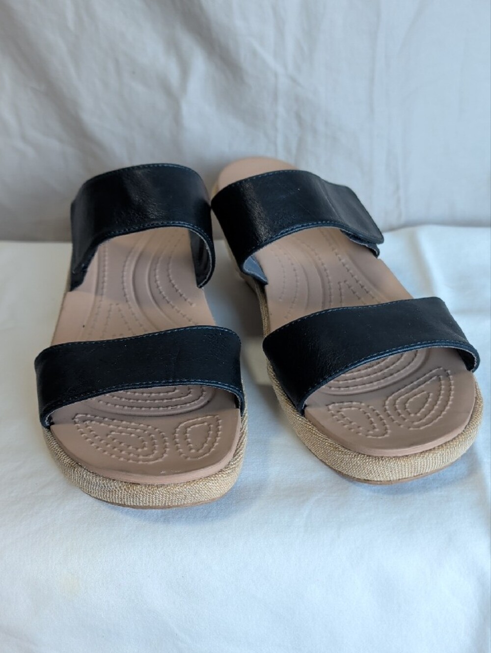 CROCS Black Leather Dual-Strap  Slide Sandals with Tan Wedge Resort Boho Wear - Picture 3 of 8